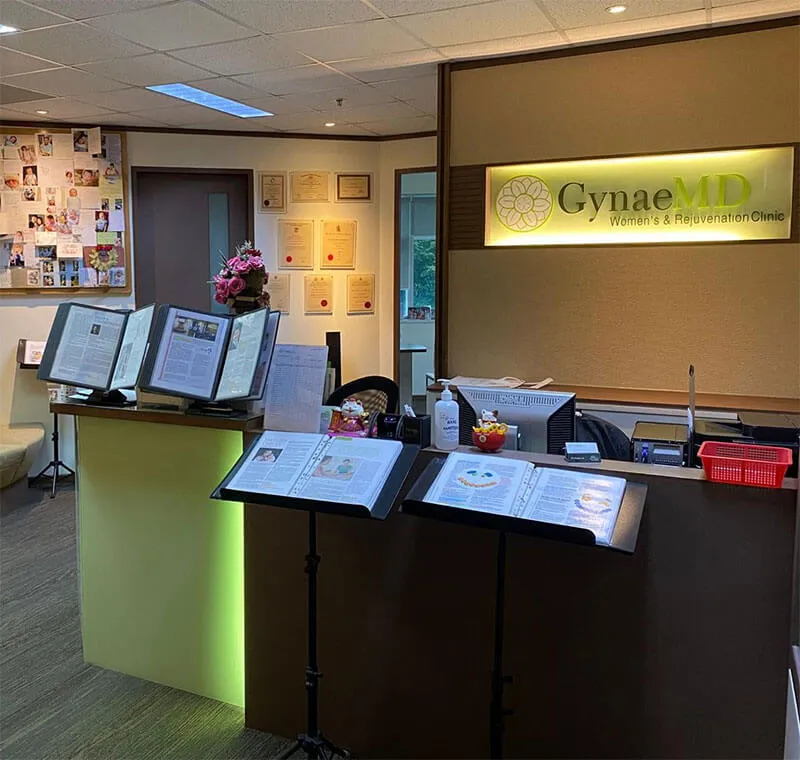 The reception desk and entrance area of GynaeMD Women's & Rejuvenation Clinic