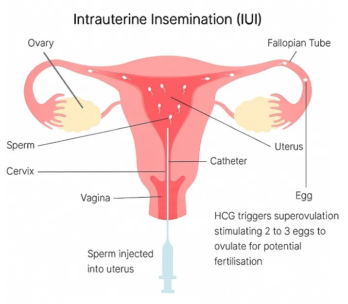Medical diagram of Intrauterine Insemination (IUI) showing sperm being injected into the uterus through a catheter