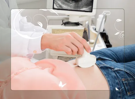 Doctor performing a Non-Invasive Prenatal Test (NIPT) with an ultrasound probe on a pregnant patient.